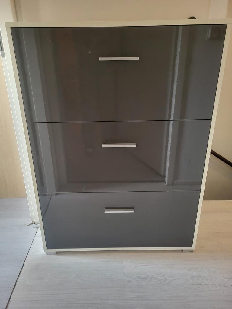 Schoenenkast met 3 lades - Hoogglans grijs/wit, Huis en Inrichting, Kasten | Schoenenkasten, Ophalen, Gebruikt, Modern
