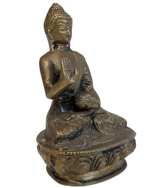Nepalees bronzen Boeddhabeeld – Abhaya mudra– 060, Gebruikt, Ophalen of Verzenden, 11 cm, Goud