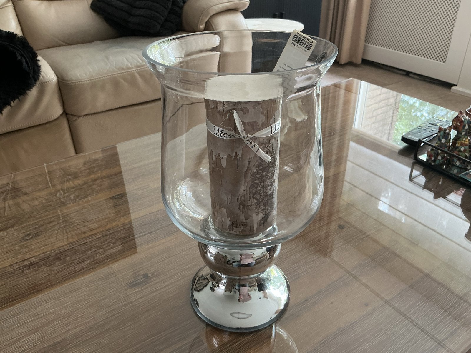 Glazen windlicht met nieuwe kaars, 30 cm hoog leuk cadeau, Huis en Inrichting, Ophalen, Windlicht, 30 cm, Glas