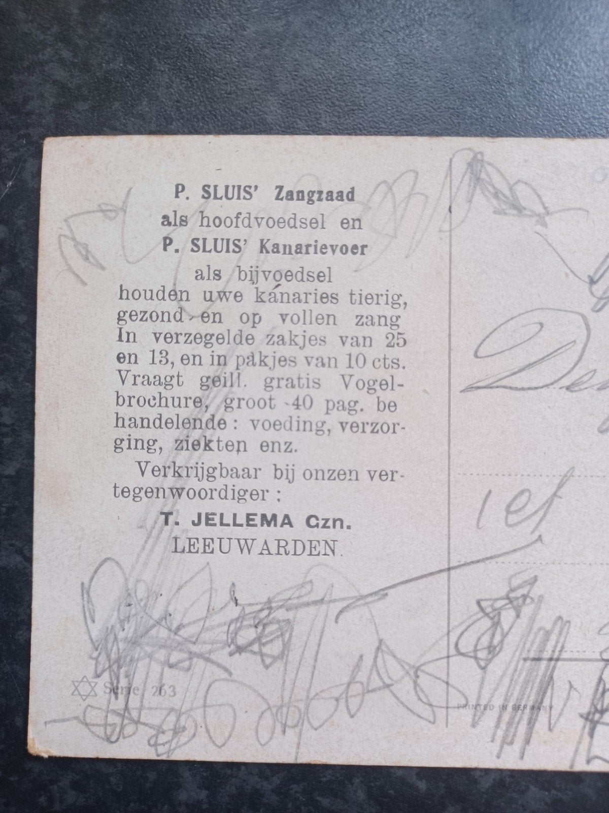 Leeuwarden T. Jellema Czn P. Sluis zangzaad kanarievoer pauw, Verzamelen, Ophalen of Verzenden, 1920 tot 1940, Ongelopen, Overige thema's