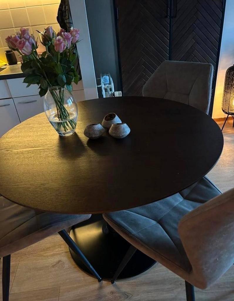 Moderne ronde eettafel - Donkerbruin, Huis en Inrichting, Tafels | Eettafels, Ophalen, 100 tot 150 cm, Rond, Zo goed als nieuw