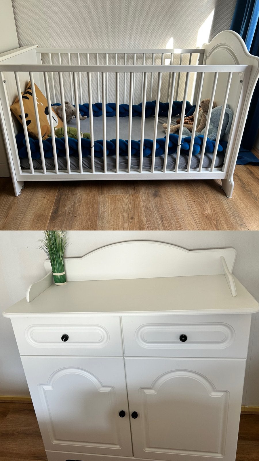 Witte ledikant en commode, Ophalen, Gebruikt, 70 tot 85 cm, 140 tot 160 cm