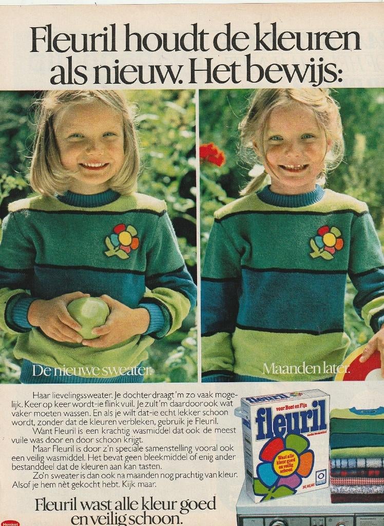 Retro reclame 1982 Fleuril wasmiddel meisje met appel, Verzenden, Overige typen