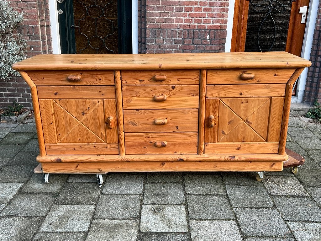 vintage Scandinavisch dressoir buffetkast dressoir grenen, Ophalen, Gebruikt, Met lade(s), 150 tot 200 cm