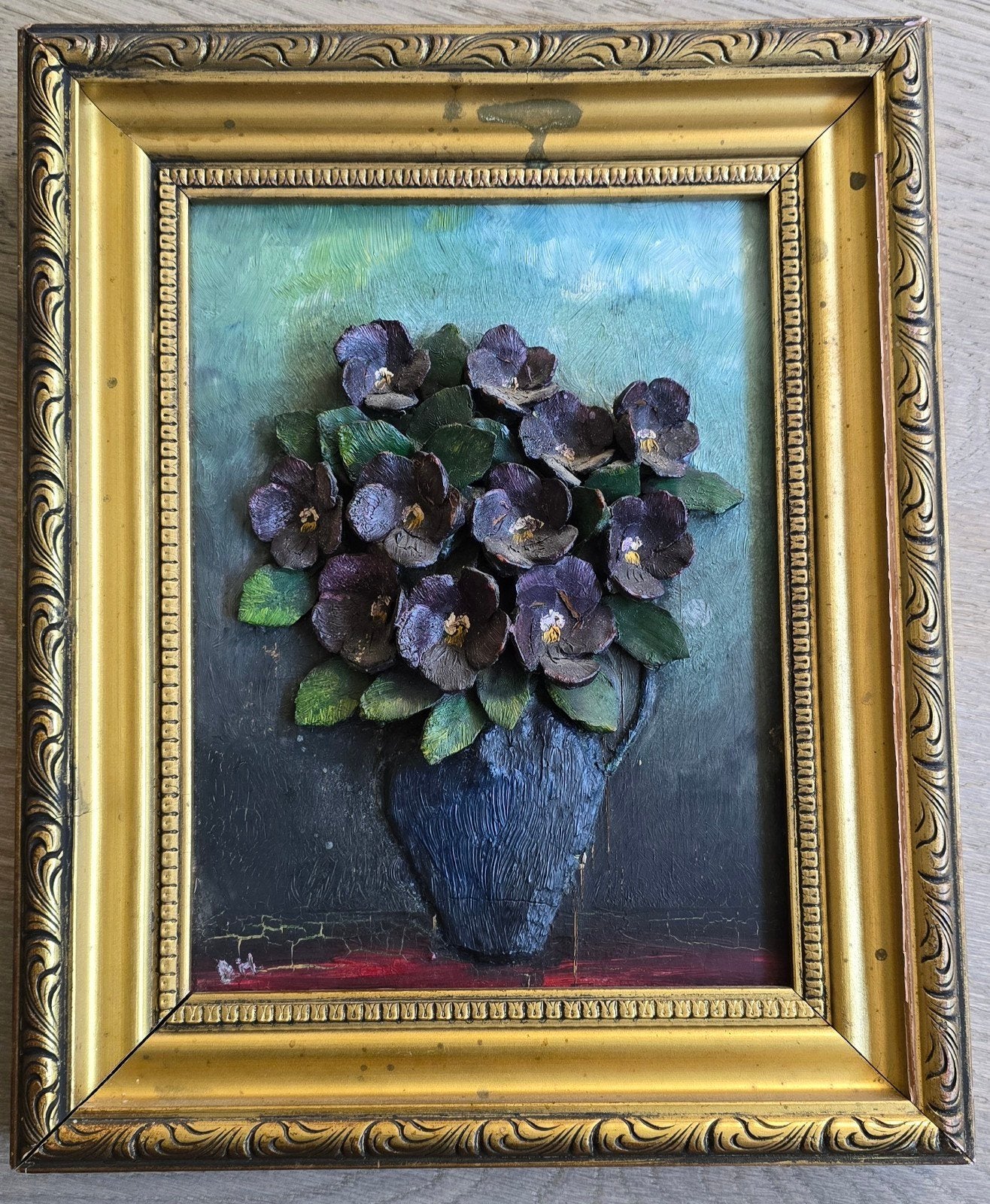 Reliëfschilderij met paarse bloemen  Gerdina Johanna Horvers, Ophalen