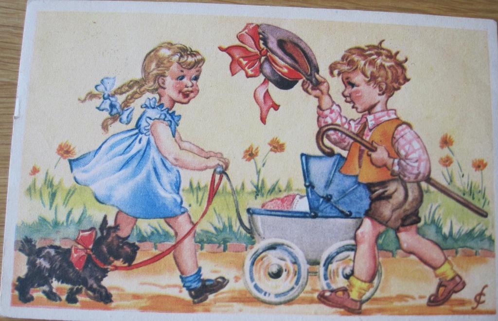 jongen groet meisje met hond en kinderwagen - nieuw, Verzenden, 1960 tot 1980, Ongelopen, Kinderen