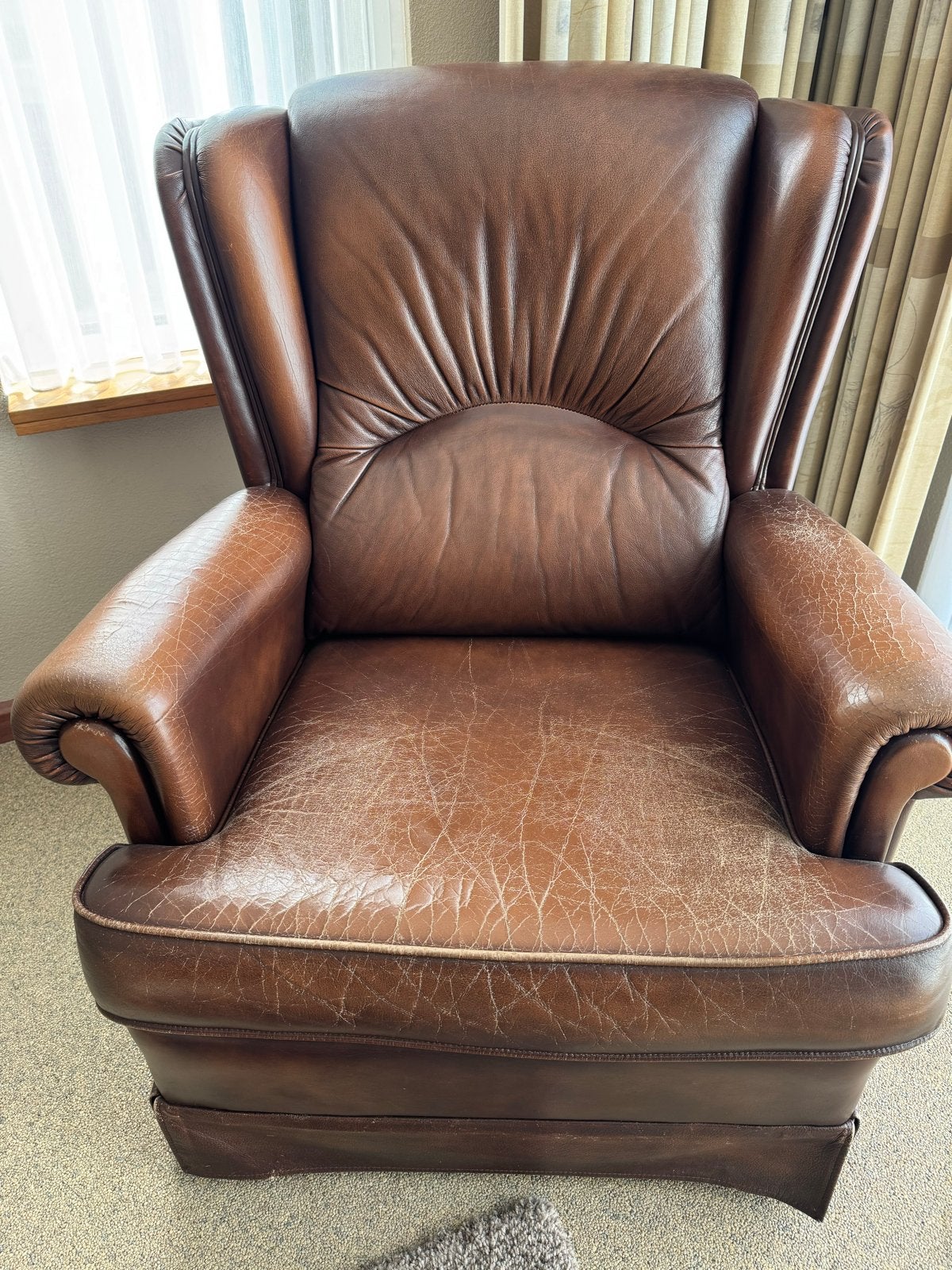 Comfortabele bruine leren fauteuil, Ophalen, Gebruikt, Leer, 75 tot 100 cm