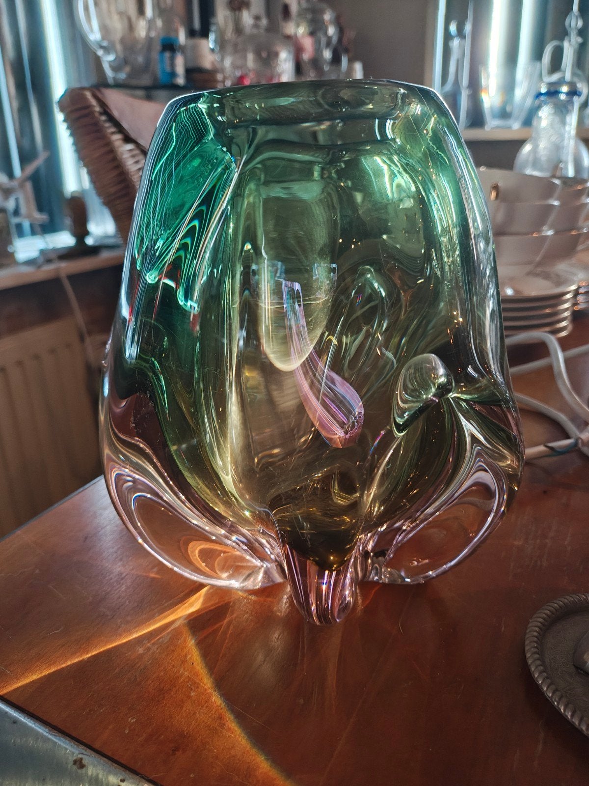 Unieke Groen-Paarse Murano Vaas - Handgeblazen Kunst, Ophalen of Verzenden
