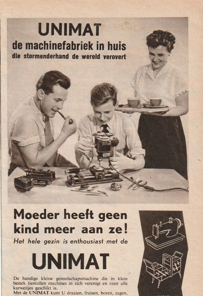 Retro reclame 1957 Unimat basismachine jongetje ouders, Verzenden, Overige typen