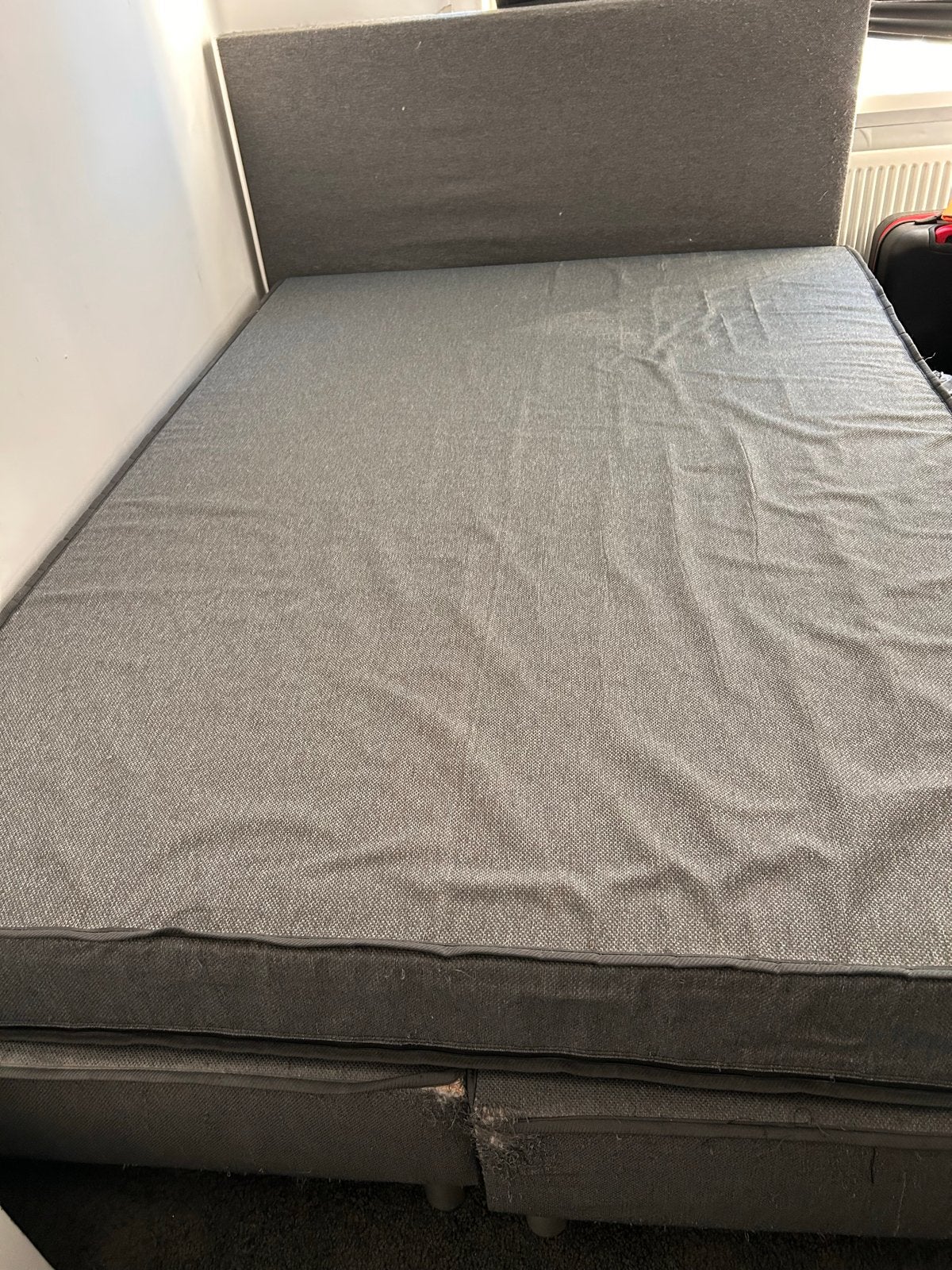 Tweepersoons boxspring met hoofdbord - Grijs, Ophalen, Gebruikt, Tweepersoons, 140 cm