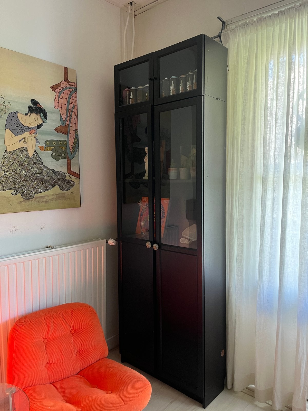 IKEA BILLY vitrinekast zwart met glazen deuren, Ophalen, Minder dan 50 cm, Gebruikt, 200 cm of meer