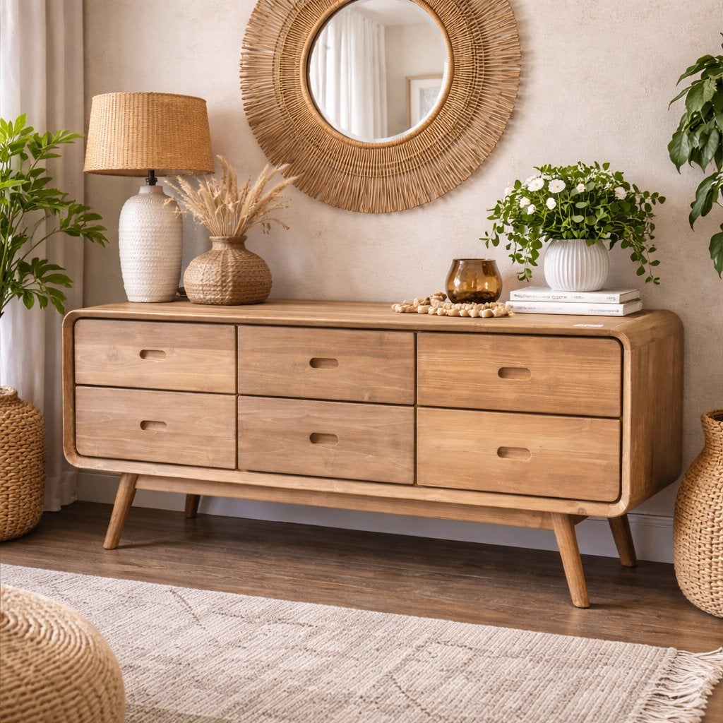 retro tv meubel teak met 6 lades - 150 cm - Gratis bezorgd
