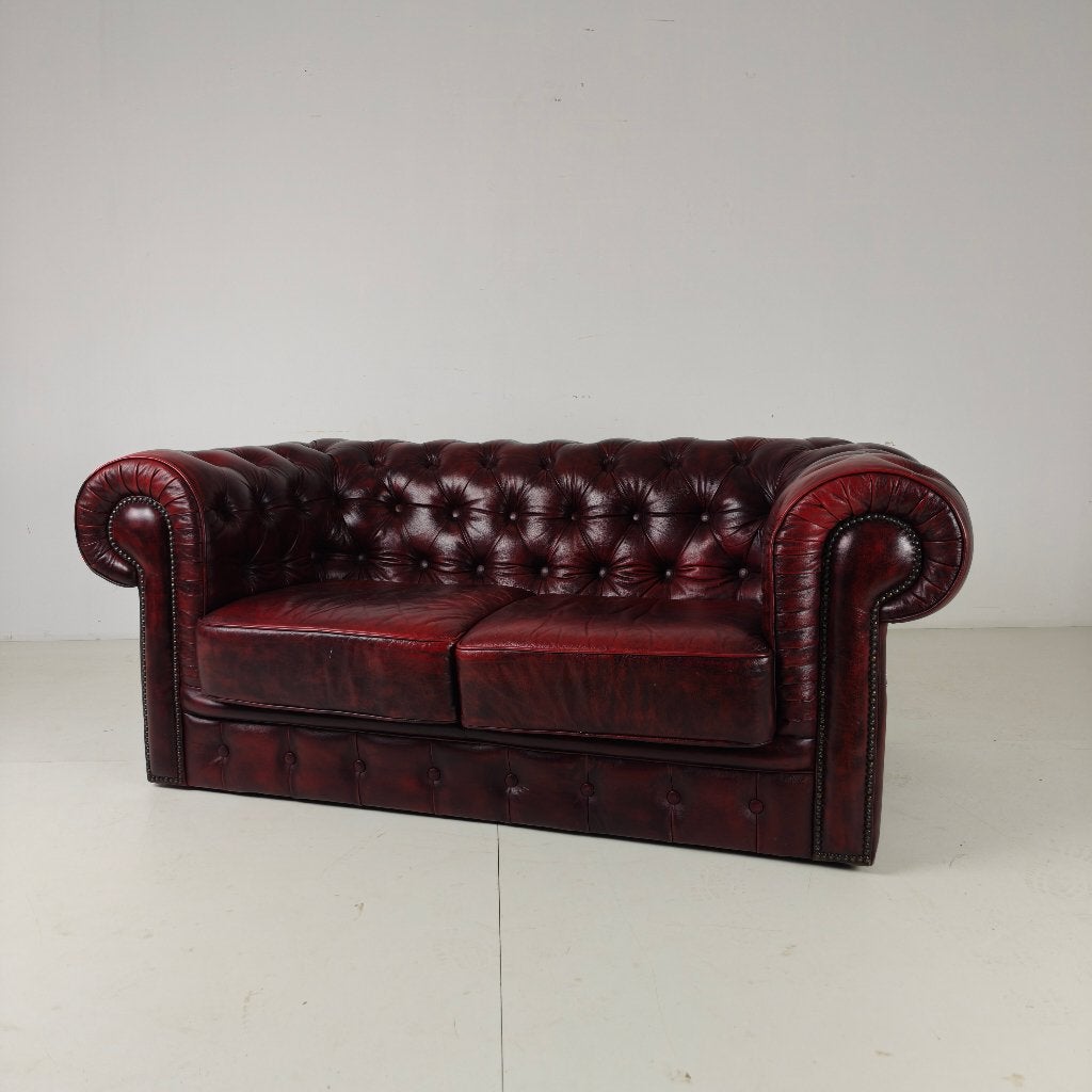 Rode Chesterfield 2-zitsbank – Oxblood leer, Ophalen of Verzenden