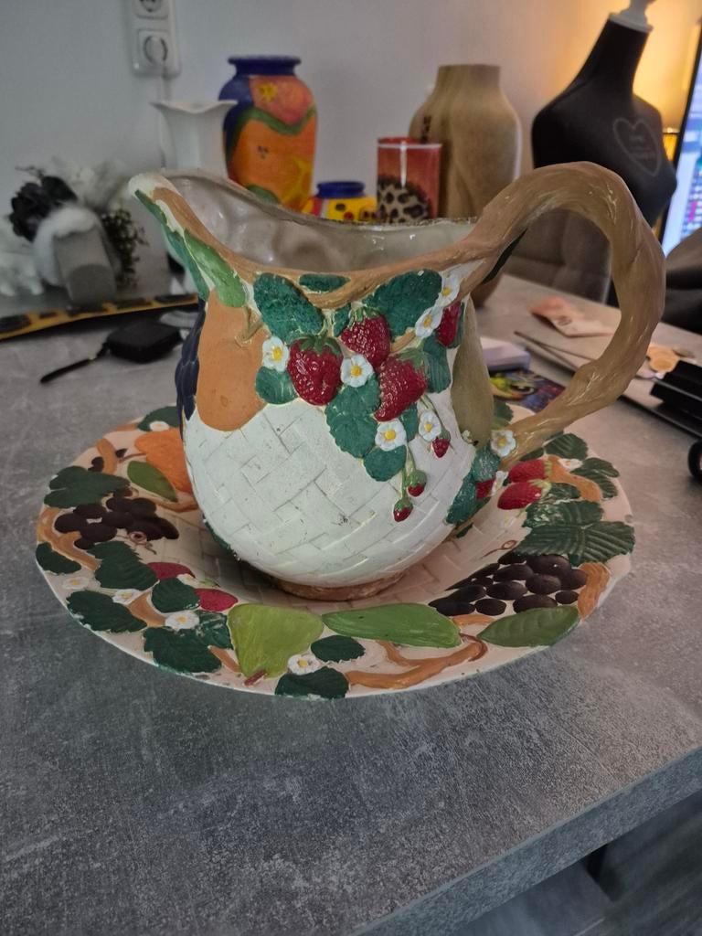 Decoratieve kan en schaal met fruitmotief, Ophalen of Verzenden