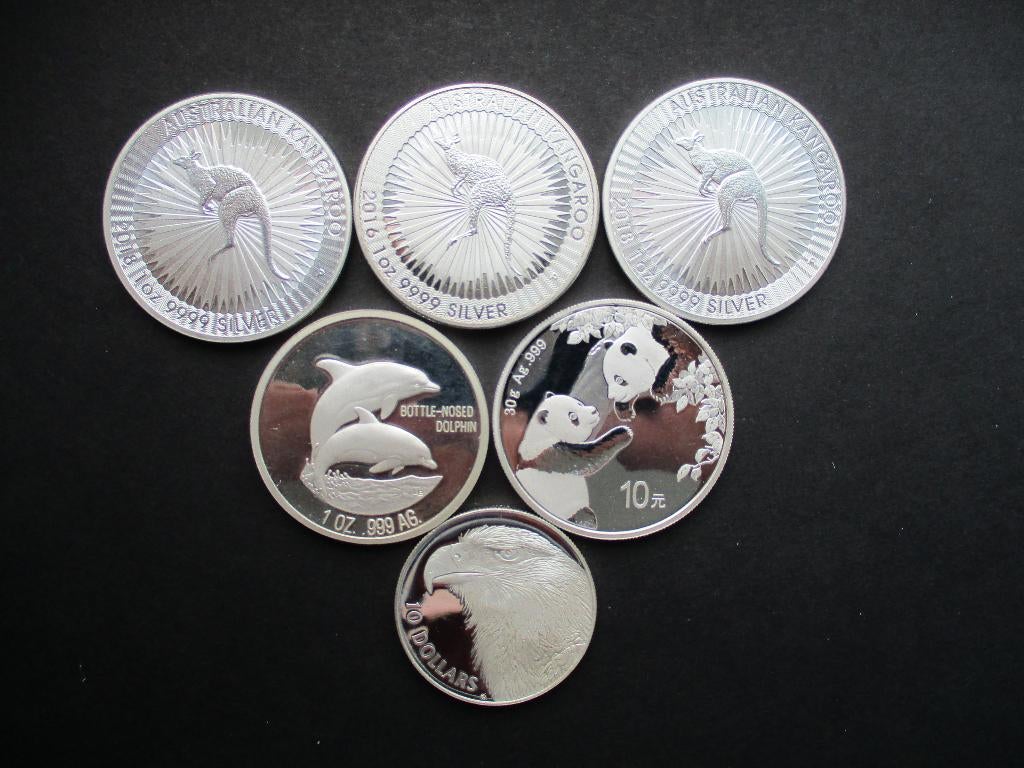 Dieren op 6 munten - zilver Panda, Eagle, Kangoeroe, Dolfijn, Ophalen of Verzenden, Buitenland, Munten