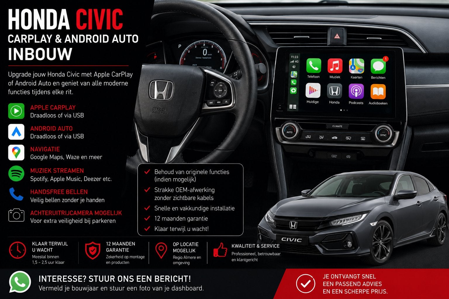Honda Civic CarPlay & Android Auto Inbouw, Auto diversen, Ophalen, Nieuw