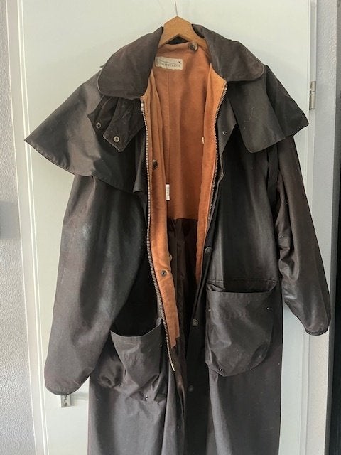 Lange jagers waxjas XL, Bruin, Maat 56/58 (XL), Ophalen of Verzenden, Gedragen