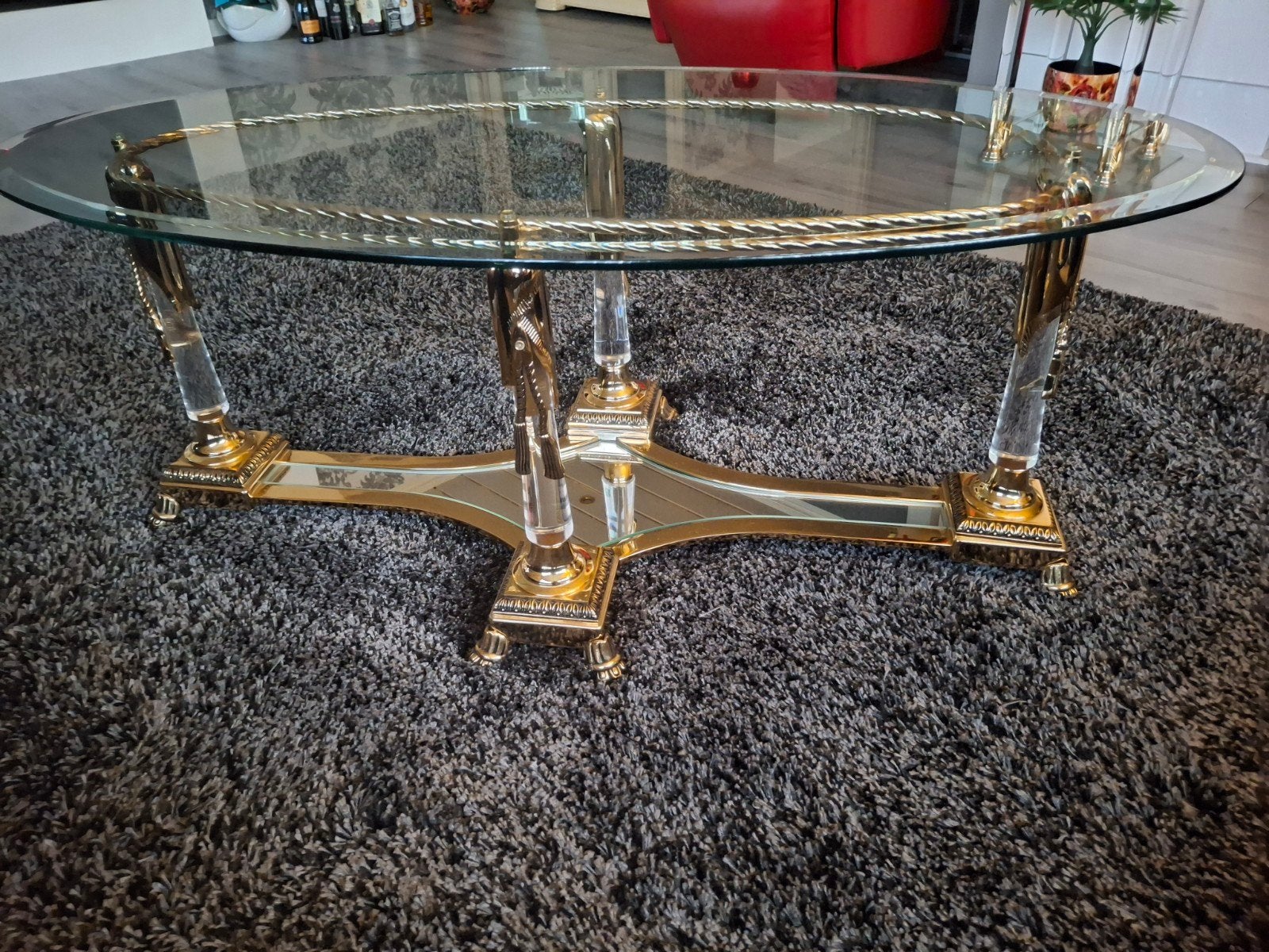 Ovale salontafel. met facet geslepen glasplaat en messing on, Ophalen, 100 tot 150 cm, 50 tot 100 cm, Zo goed als nieuw