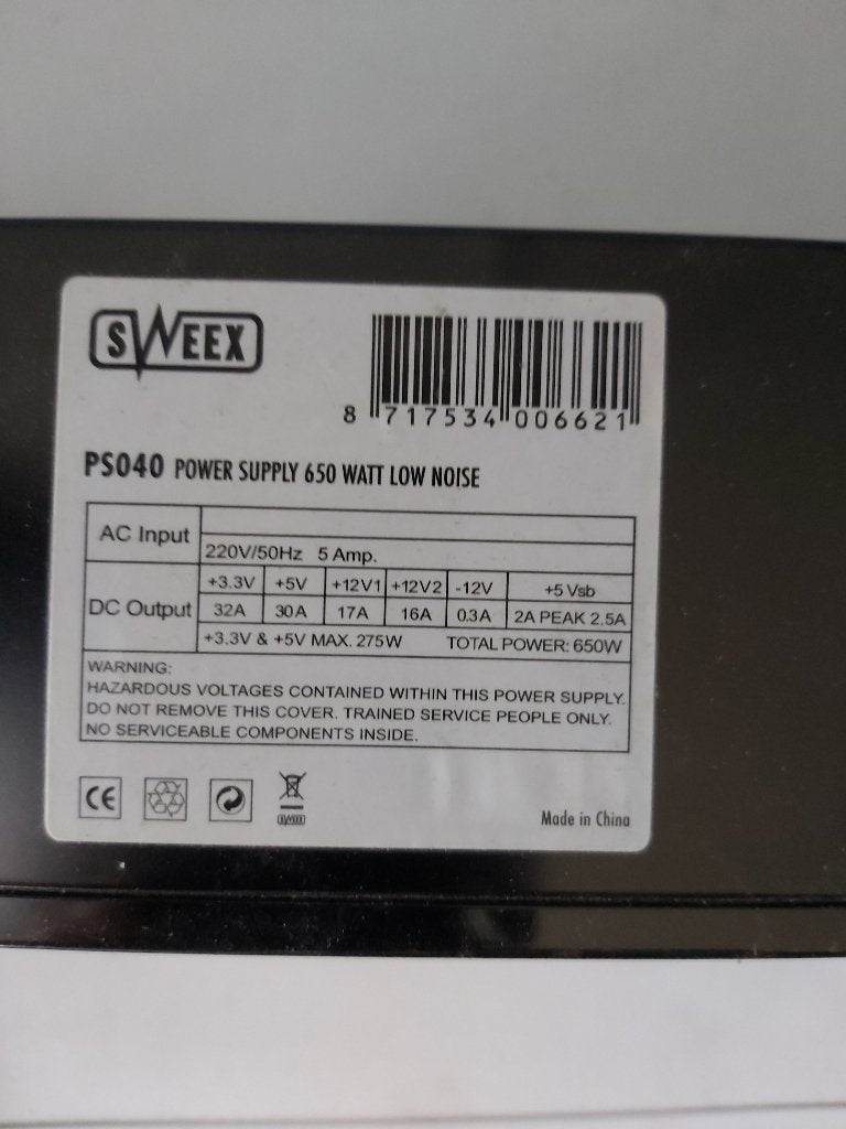 Sweex PS040 650 Watt Low Noise Voeding, Computers en Software, Interne voedingen, Ophalen, Gebruikt