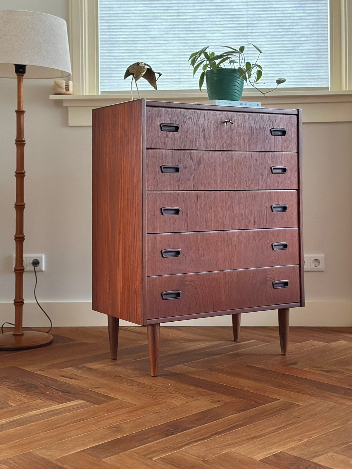 Vintage ladekast Deens teak hout jaren 50/60/70 kommode, Ophalen, Gebruikt, 5 laden of meer, Teakhout