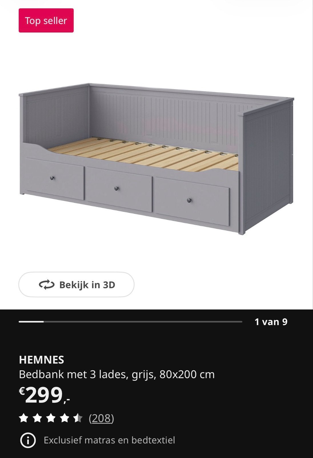 IKEA HEMNES Bedbank met 3 lades, grijs, 80x200 cm, Ophalen, Eenpersoons, Zo goed als nieuw, 80 cm