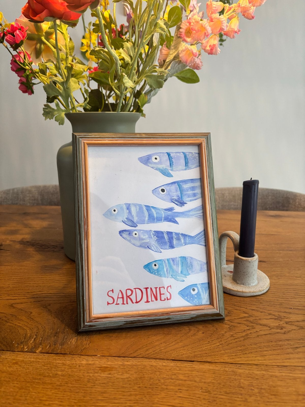 Sardines aquarel schilderij in lijst, Huis en Inrichting, Minder dan 50 cm, Gebruikt, Ophalen of Verzenden, Schilderij