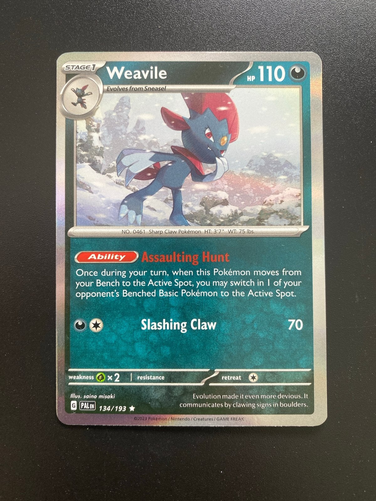Weavile 134/193 Rare Holo Pokémon Paldea Evolved, Ophalen of Verzenden, Zo goed als nieuw, Losse kaart, Foil