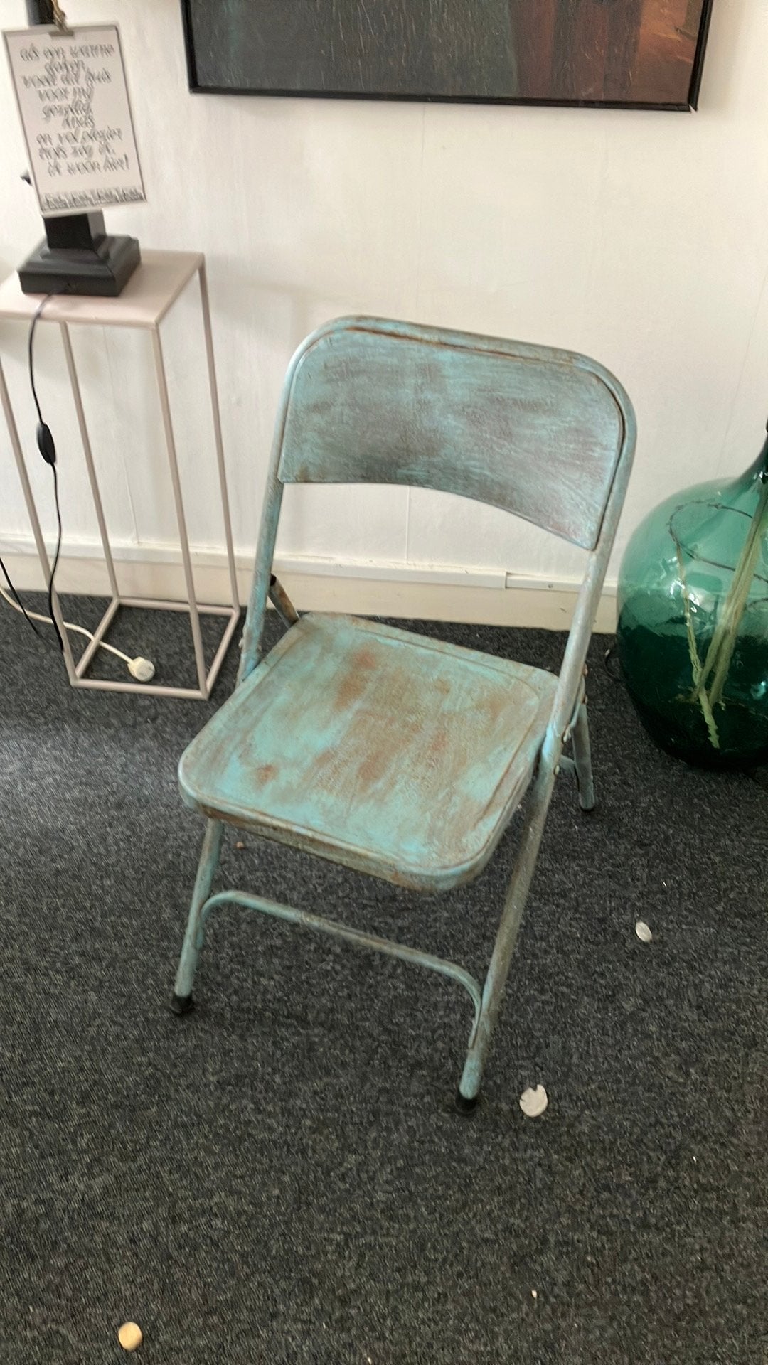 Mooie pastel groen metalen industriële stoel, Antiek en Kunst, Ophalen