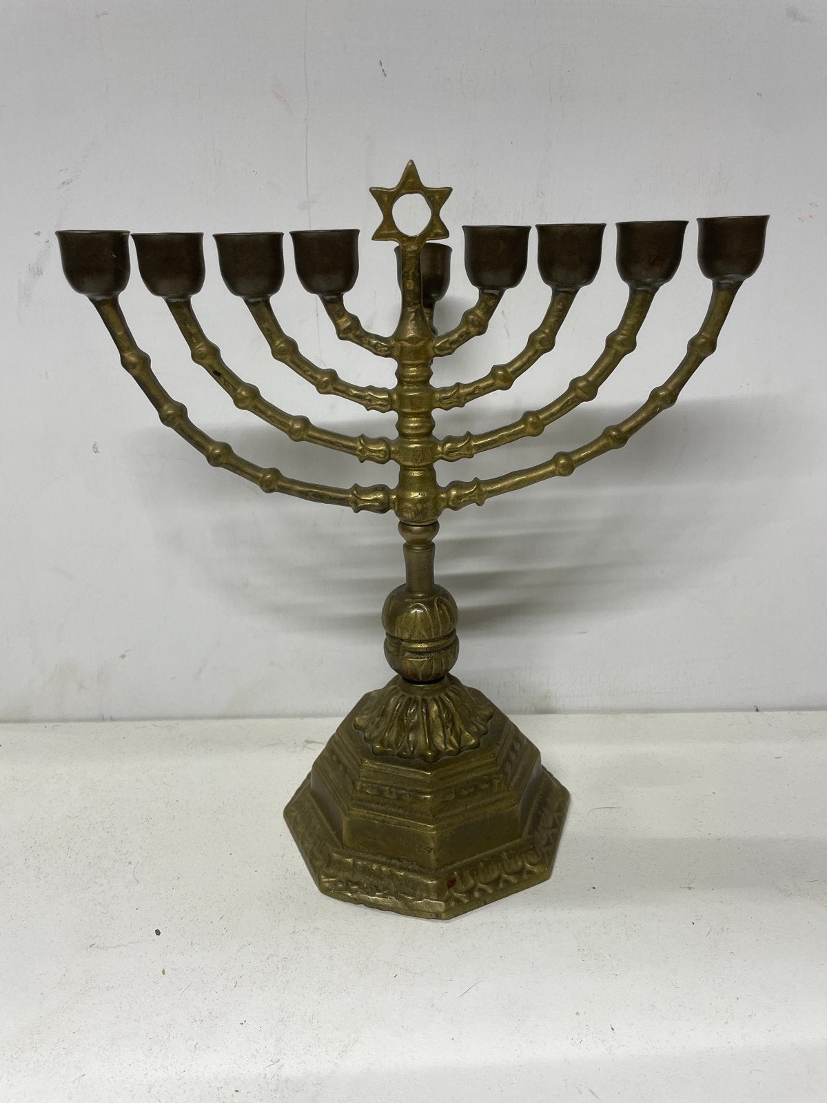 Antieke koperen Menorah met Davidster, Ophalen of Verzenden, Koper of Brons