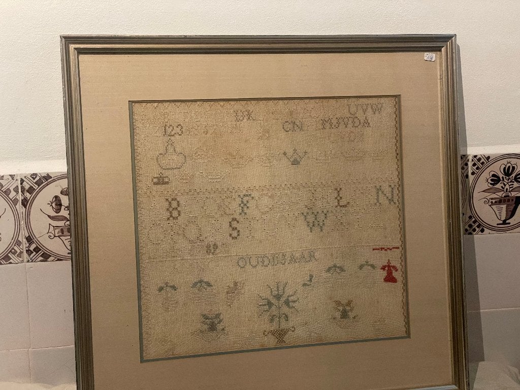 antieke merklap stoplap volkskunst meisje van 11 anno 1858, Ophalen of Verzenden
