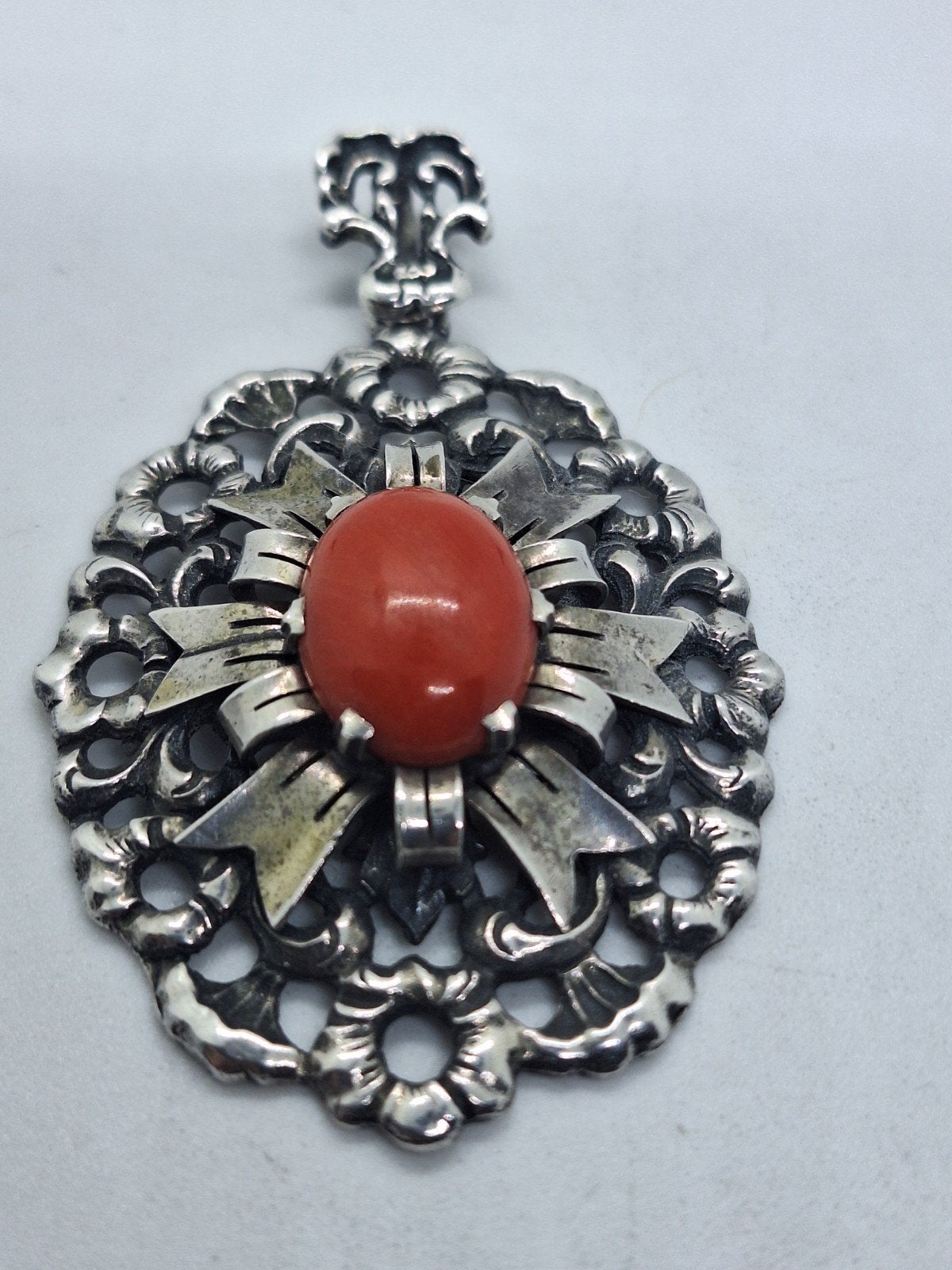 Zware Antieke Zilveren Hanger met Bloedkoraal - ca. 6 cm, Sieraden, Tassen en Uiterlijk, Ophalen of Verzenden