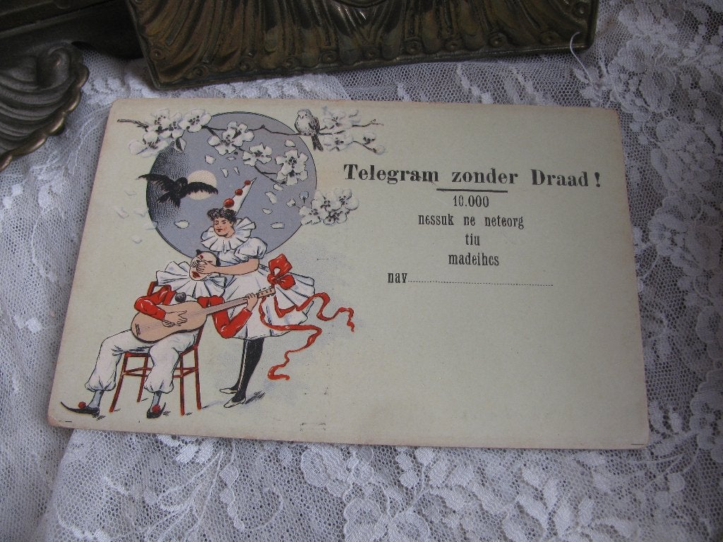Oude Kaart - Dame / Pierrot - Telegram Zonder Draad Schiedam, Verzenden, 1920 tot 1940, Ongelopen, Overige thema's