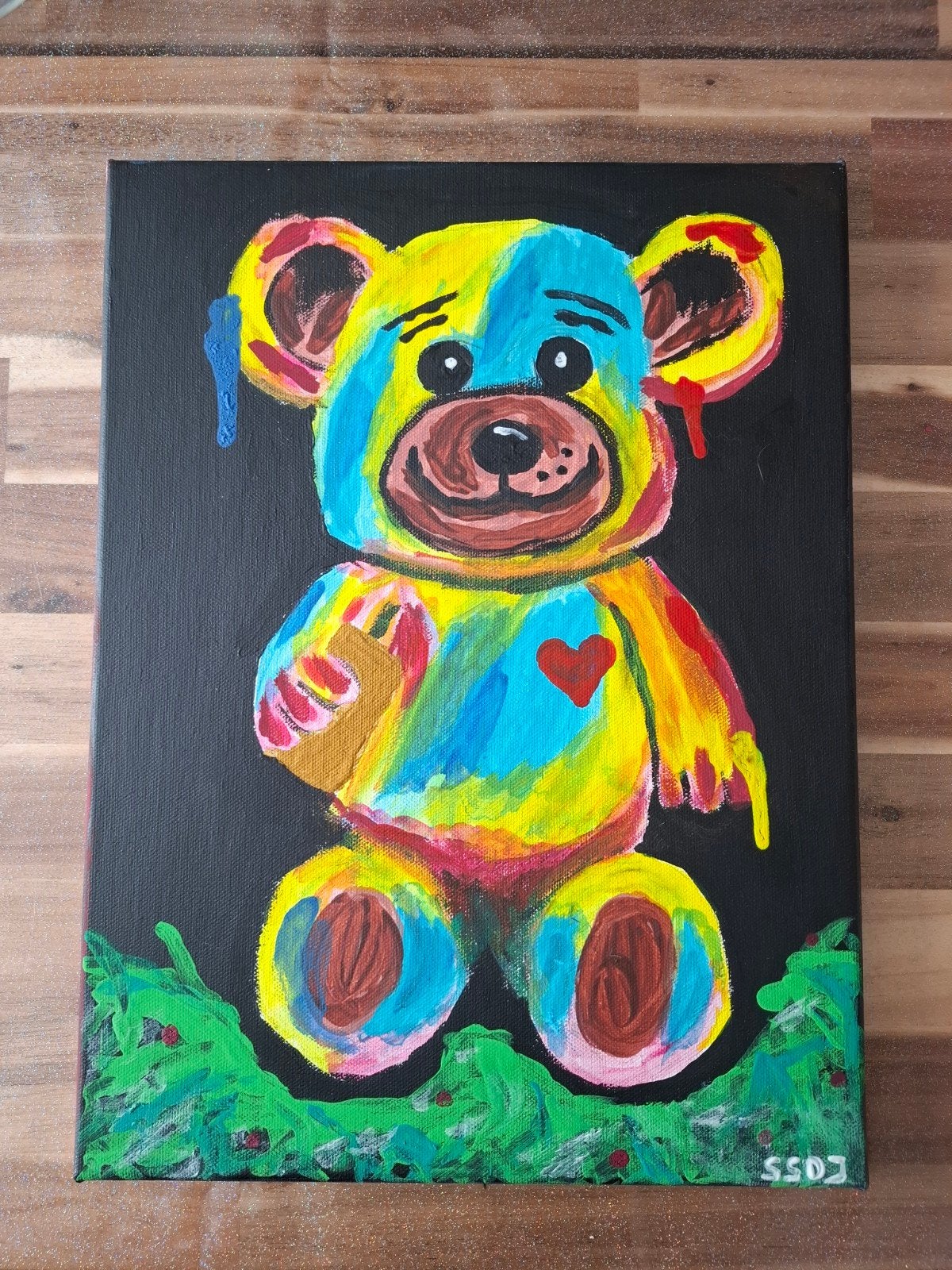 Kleurrijk Teddybeer Schilderij - Modern Acryl op Canvas, Acrylverf, Ophalen of Verzenden, Dieren, Handgeschilderd