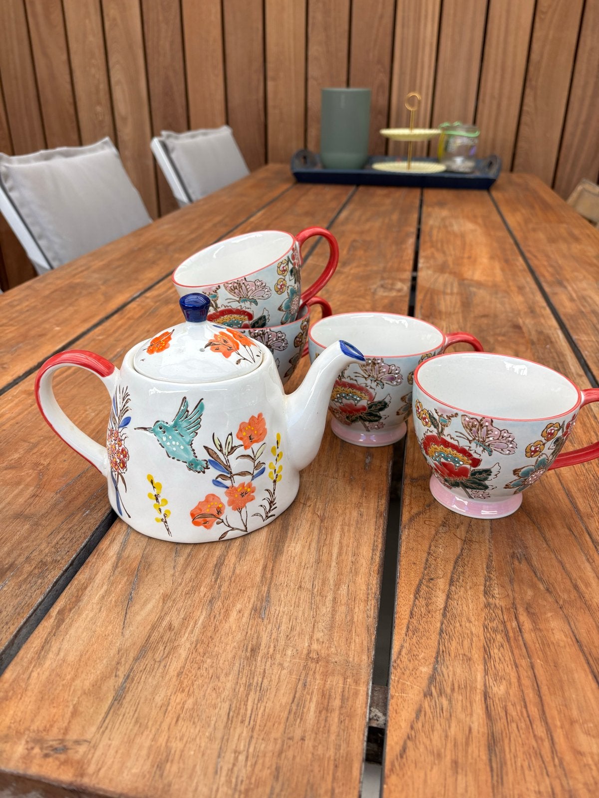 Theeservies met vogel- en bloemenprint, Huis en Inrichting, Keuken | Servies, Ophalen, Overige merken, Keramiek, Zo goed als nieuw