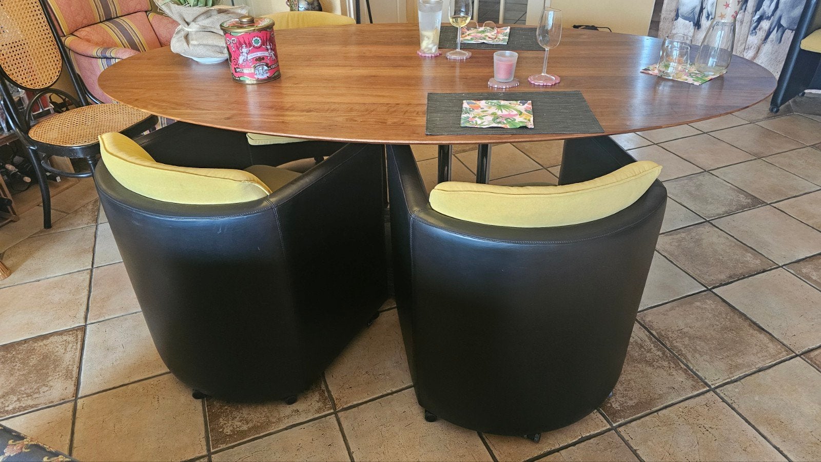 Leolux fauteuils (4 stuks) - Zwart leer met geel stof, Ophalen of Verzenden, Leer