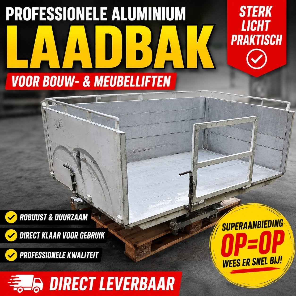 Professionele aluminium bak voor meubelliften € 1.750 excl., Ophalen, Zo goed als nieuw, Bouwlift