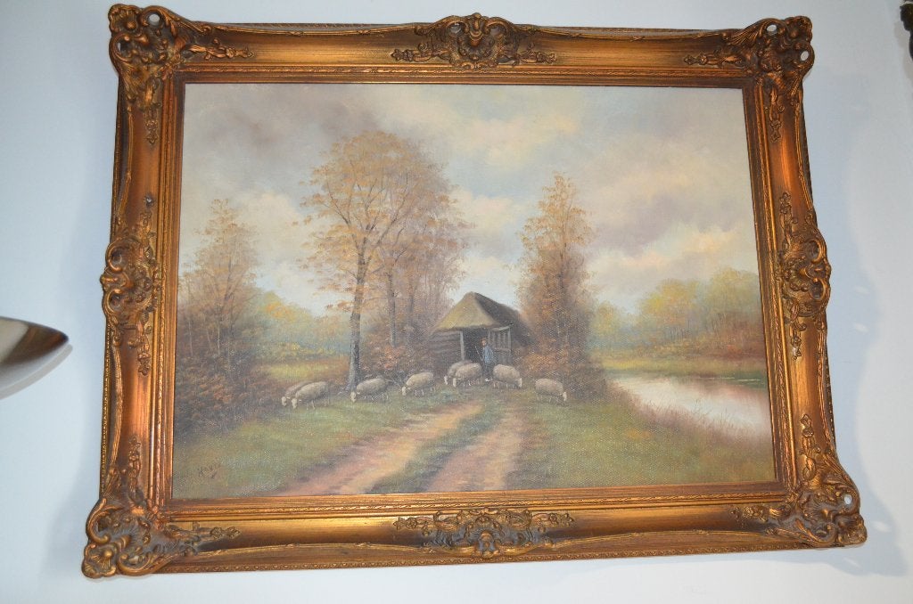 Vintage schilderij herder met schapen aan de rivier, Antiek en Kunst, Ophalen of Verzenden, Gesigneerd