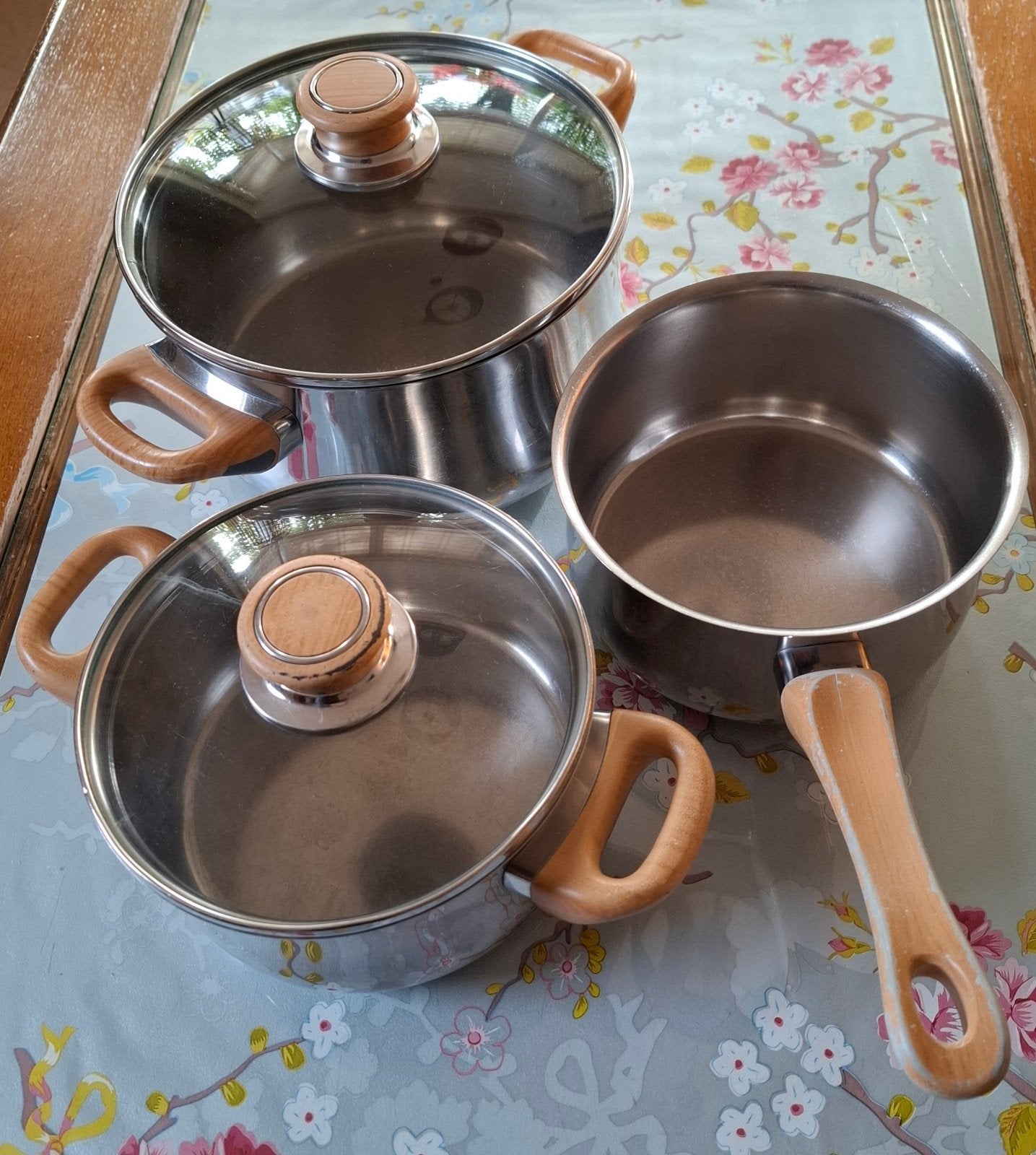 BK Pannenset RVS met houten handvatten - Geschikt voor induc, Gebruikt, Geschikt voor inductie, Pannenset, Ophalen of Verzenden