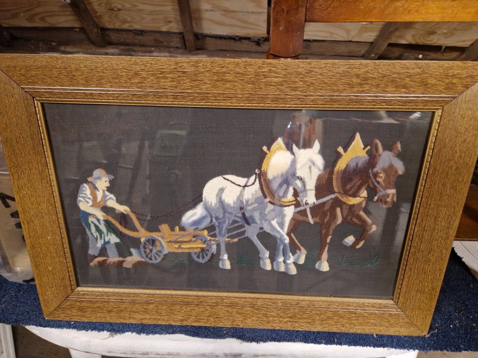 Vintage Borduurwerk: Boer met Paarden voor de Ploeg, Ophalen, Klassiek, Overige onderwerpen, Ingelijst