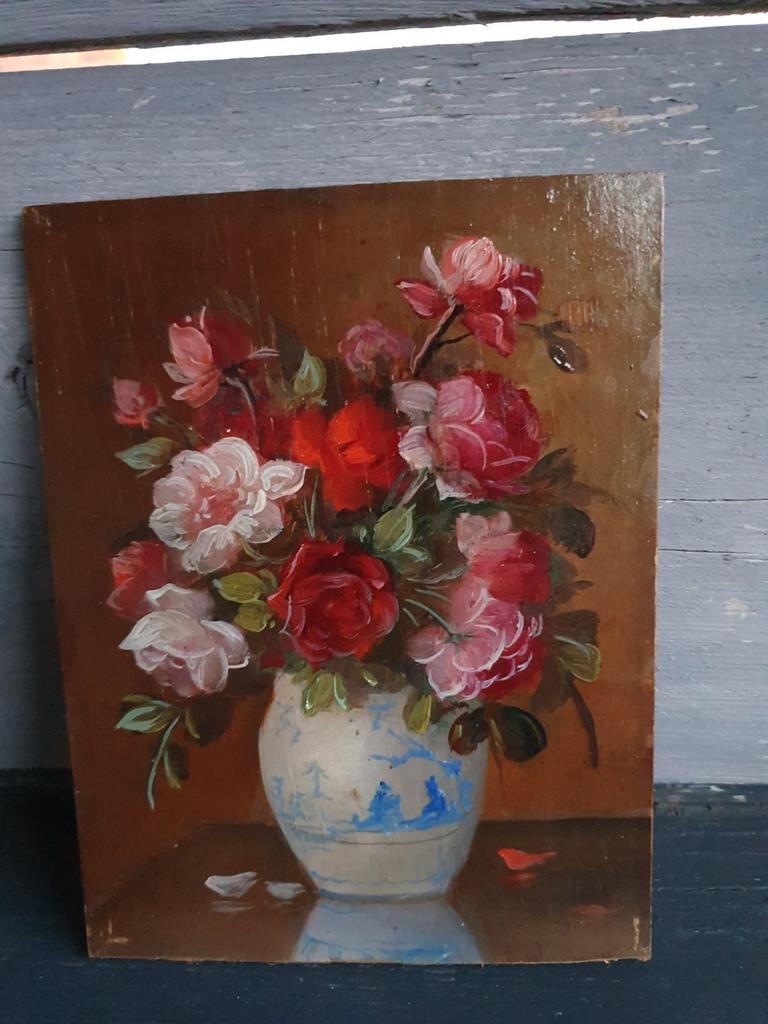 Antiek bloemstilleven olieverf op paneel - Huize Rubens, Antiek en Kunst, Kunst | Schilderijen | Klassiek, Ophalen of Verzenden