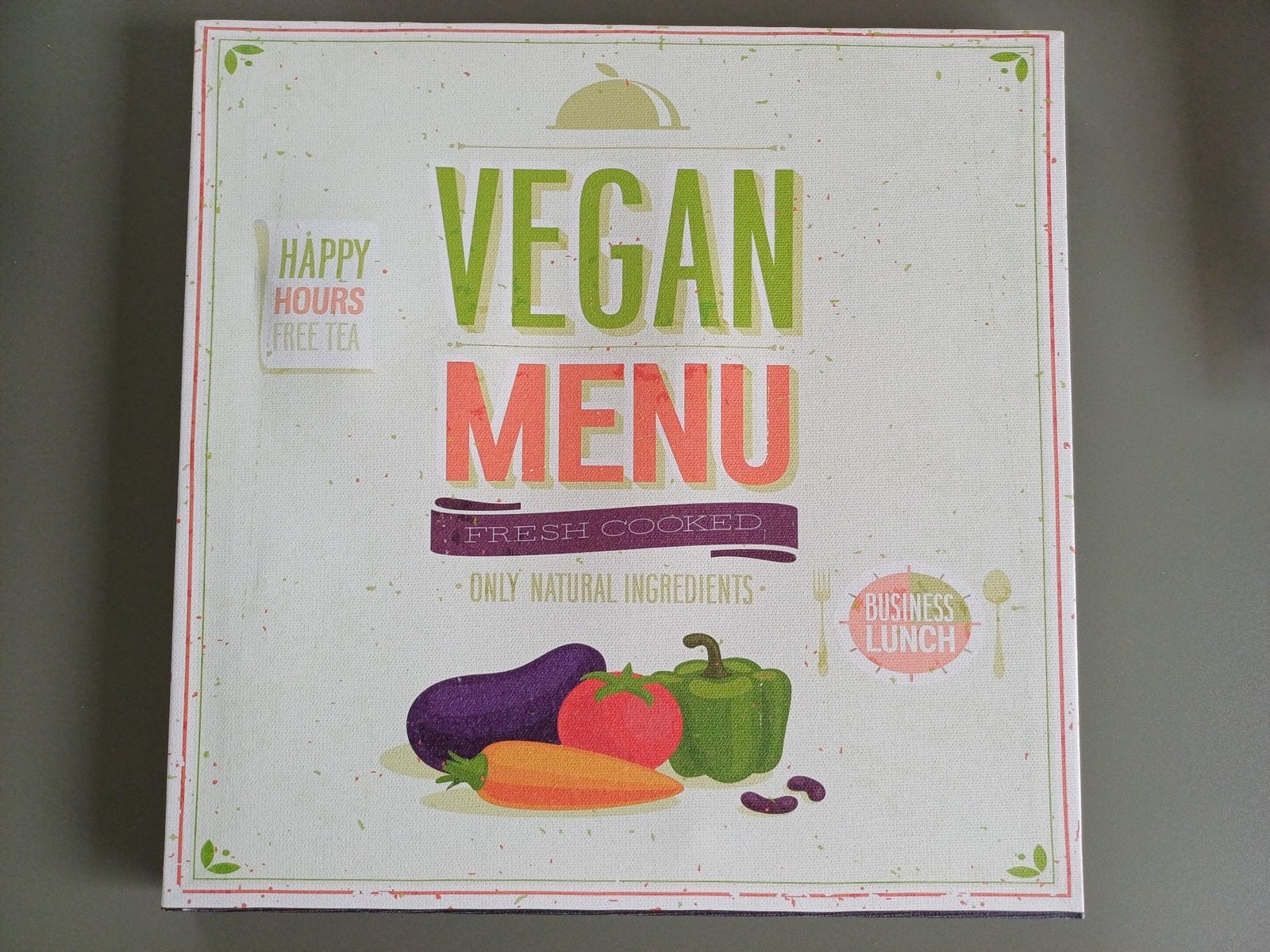 Vegan Menu Canvas Schilderij - 29x29 cm, Ophalen of Verzenden, Zo goed als nieuw, Schilderij