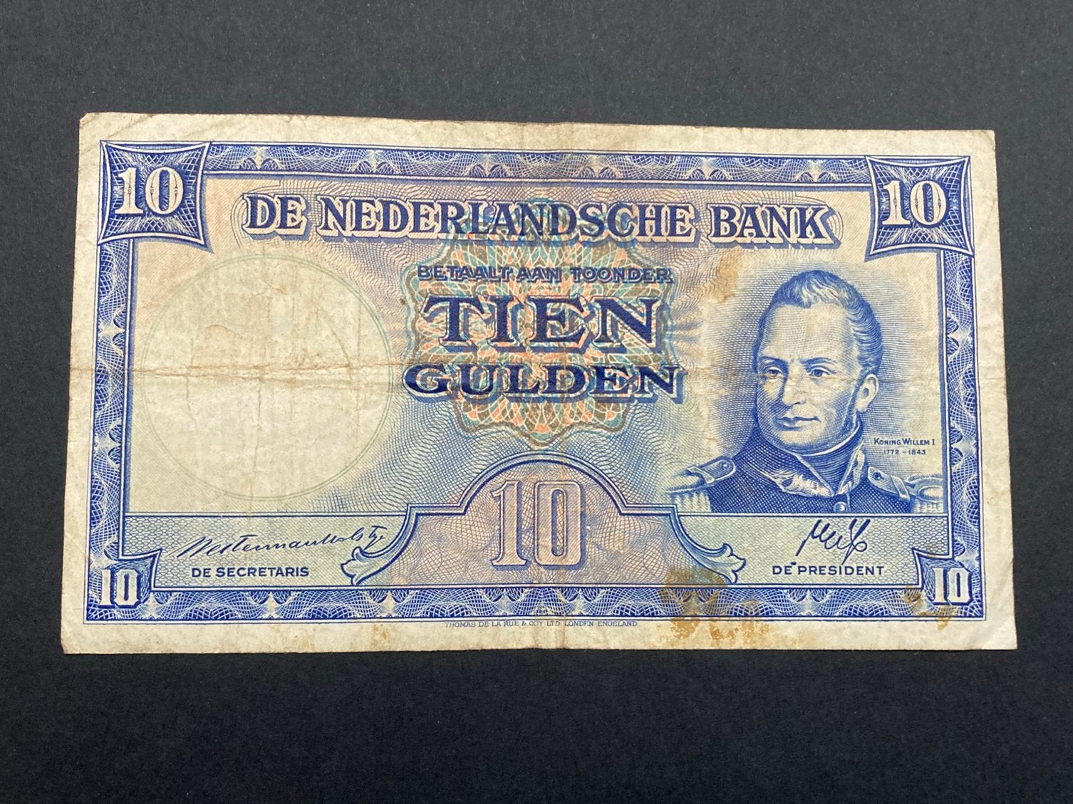 10 gulden 1945 Willem 1 Staatsmijnen, Postzegels en Munten, Bankbiljetten | Nederland, Ophalen of Verzenden, 10 gulden, Los biljet