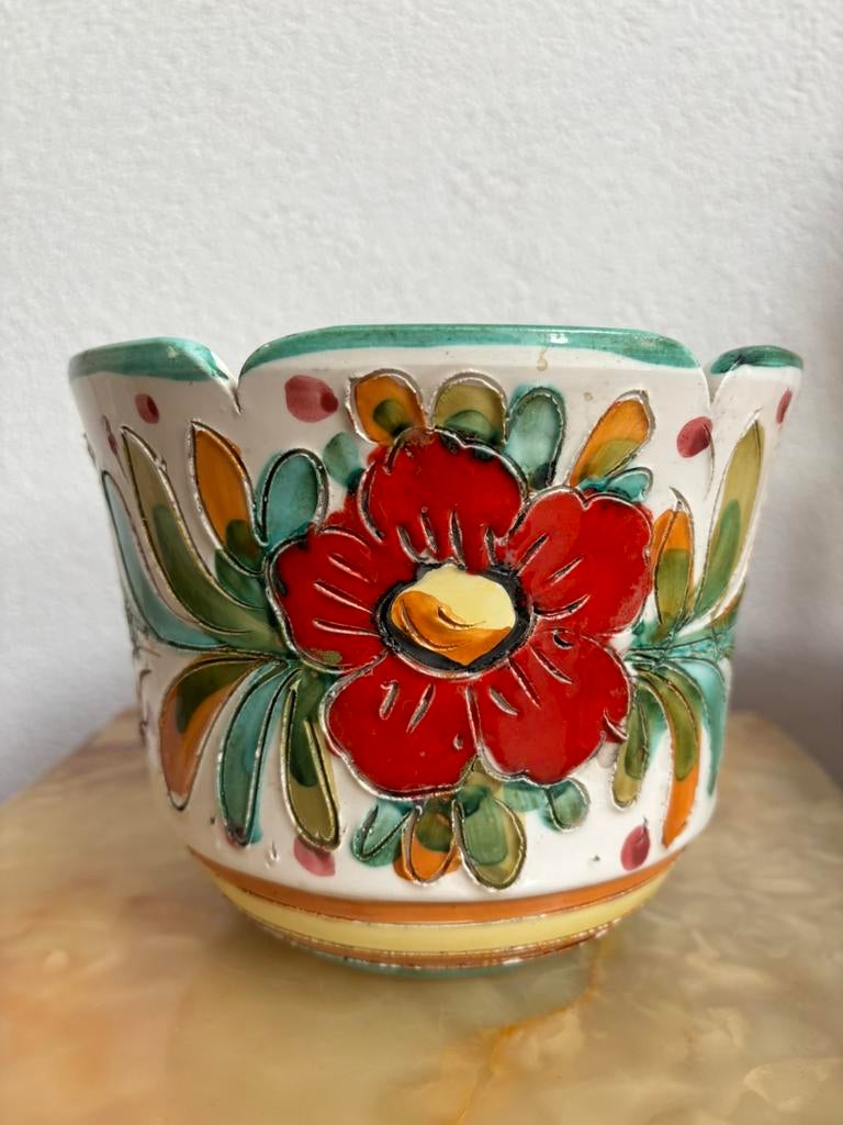 Vintage bloempot Italiaans keramiek 14x18 cm, Tuin en Terras, Bloempotten, Rond, Ophalen of Verzenden, Zo goed als nieuw, Aardewerk