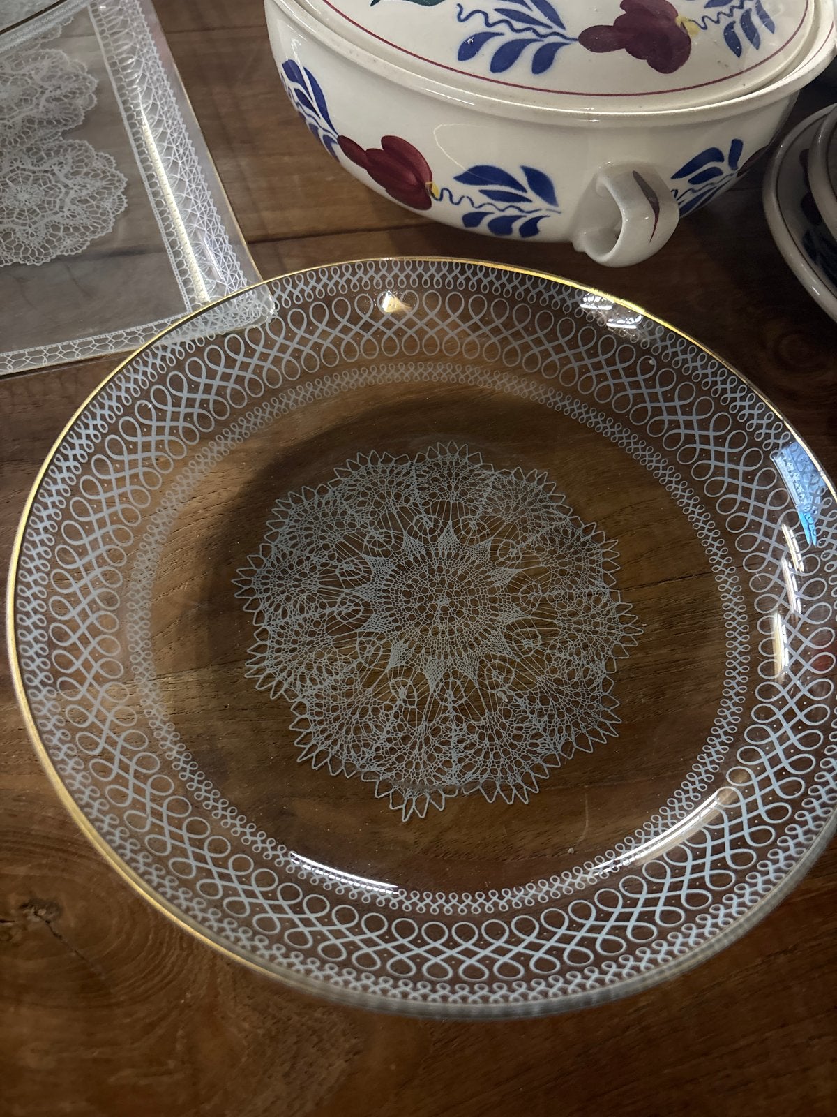 Vintage glazen schalen en borden met kantpatroon, Antiek en Kunst, Ophalen of Verzenden