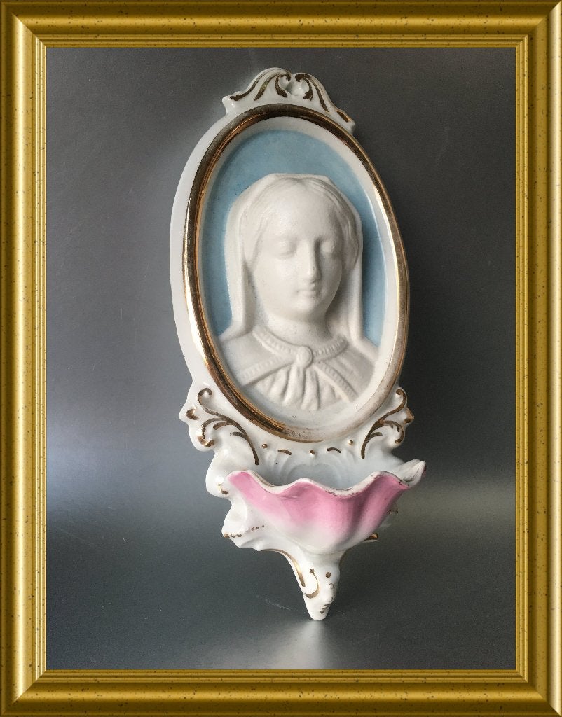 Groot oud porseleinen wijwatervaatje: Maria, medaillon, Antiek en Kunst, Ophalen of Verzenden