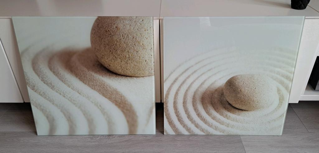 2 Glazen Zen Wandpanelen 50x50 cm - Zand & Steen, Beige, Ophalen of Verzenden, Zo goed als nieuw, Glas