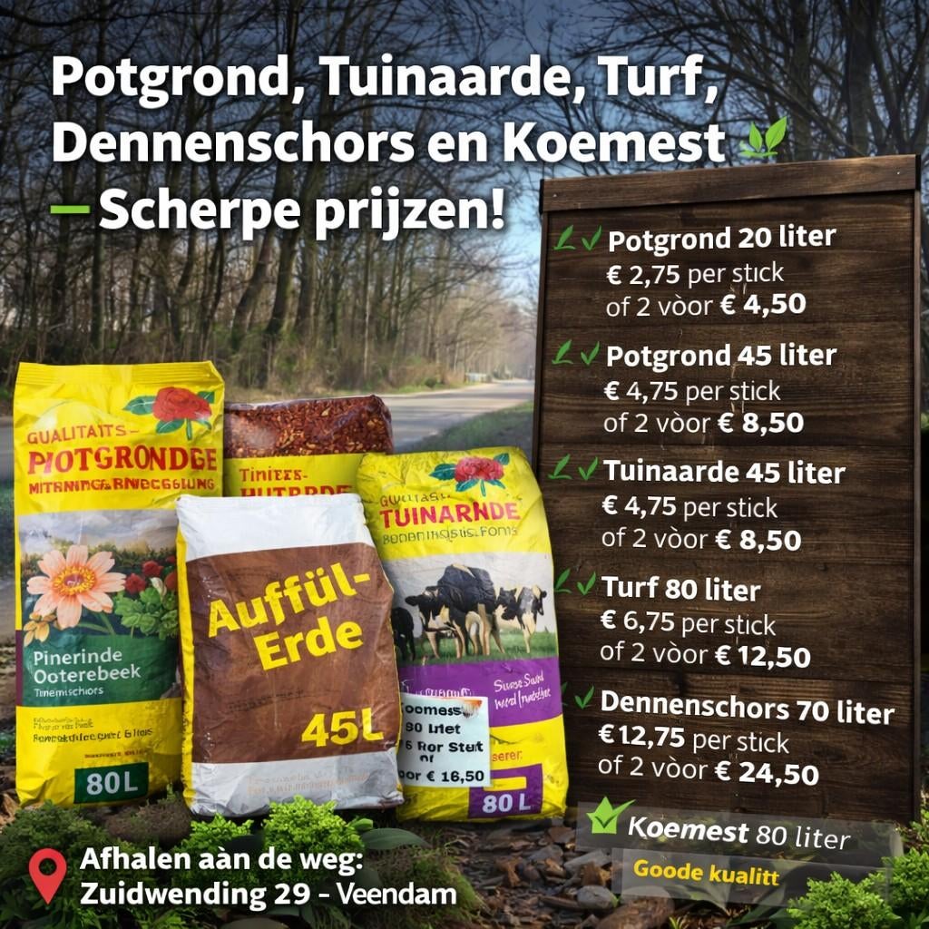 Potgrond, Tuinaarde, Turf, Dennenschors en Koemest, Tuin en Terras, Aarde en Mest, Ophalen, Potgrond