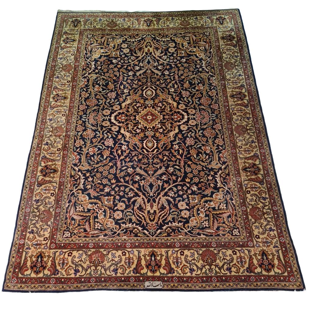 Indiaans tapijt met “Isfahan”/”Kechan” dessin mix jaren 80, Ophalen, Gebruikt, Bruin, Vintage