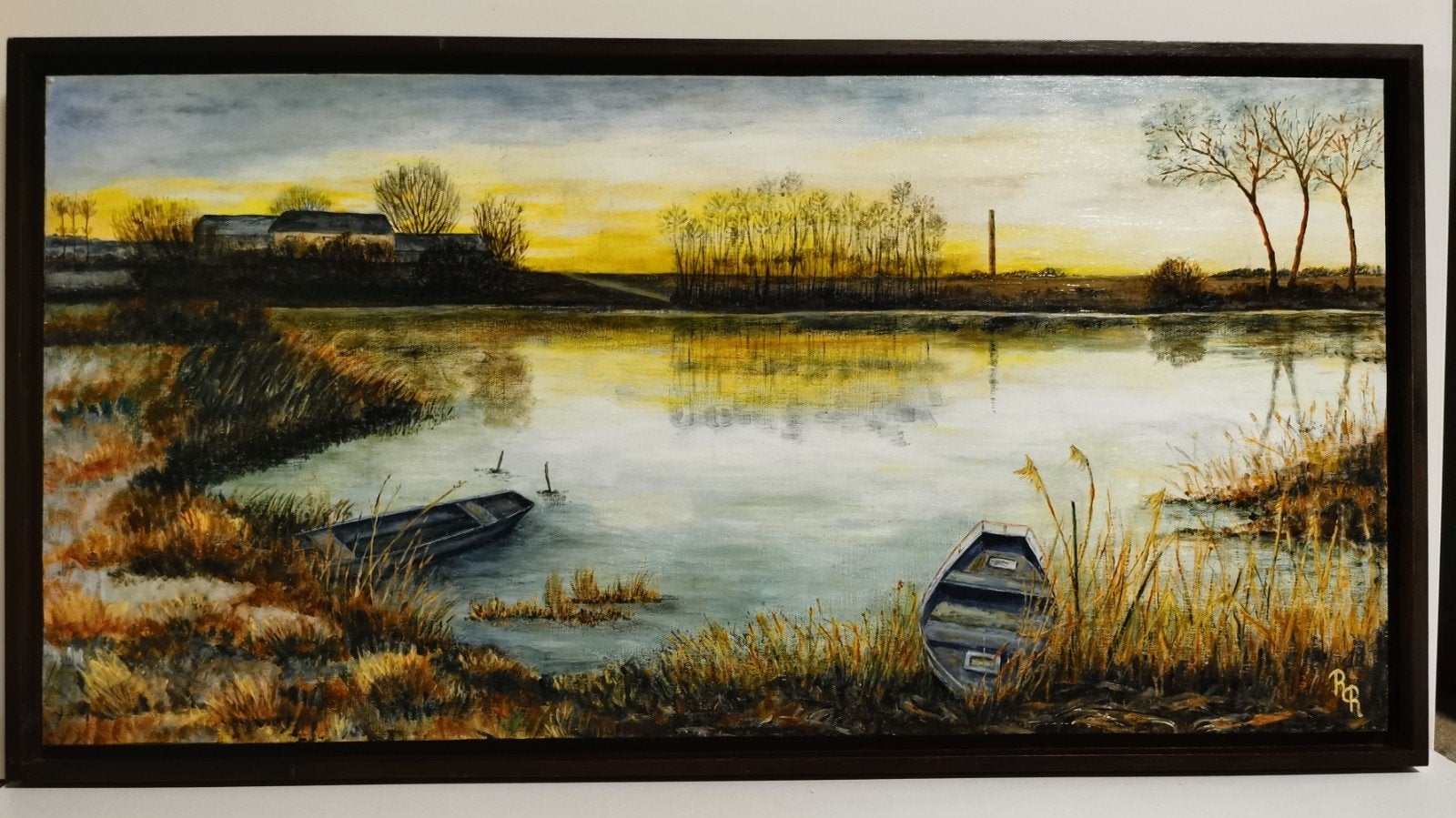 Schilderij: Landschap met boten en zonsondergang, Ophalen, Paneel, Realistisch, Landschap