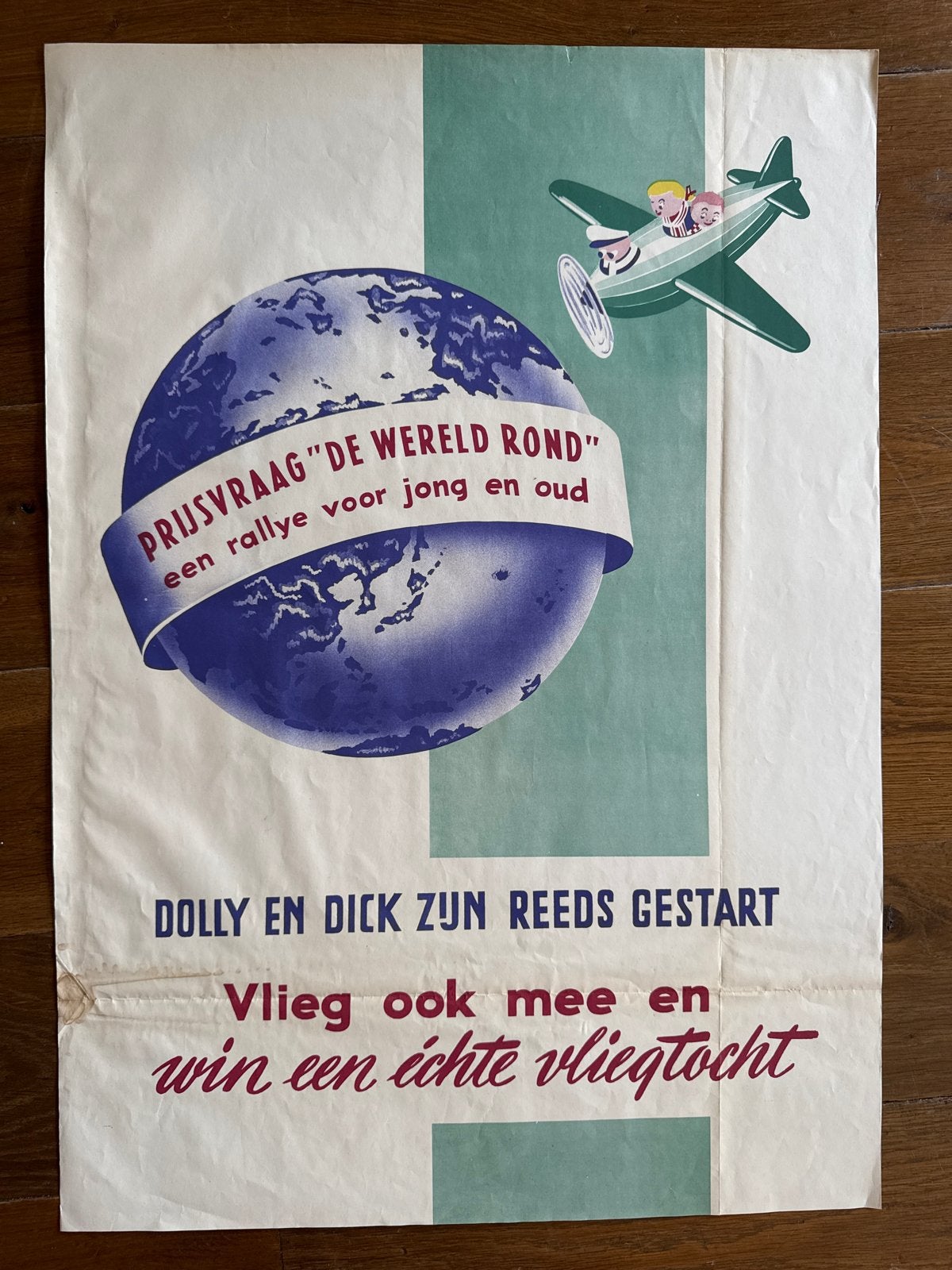 Vintage Affiche Dolly en Dick Prijvraag "De Wereld Rond", Verzamelen, Ophalen of Verzenden, A1 t/m A3, Reclame, Rechthoekig Staand
